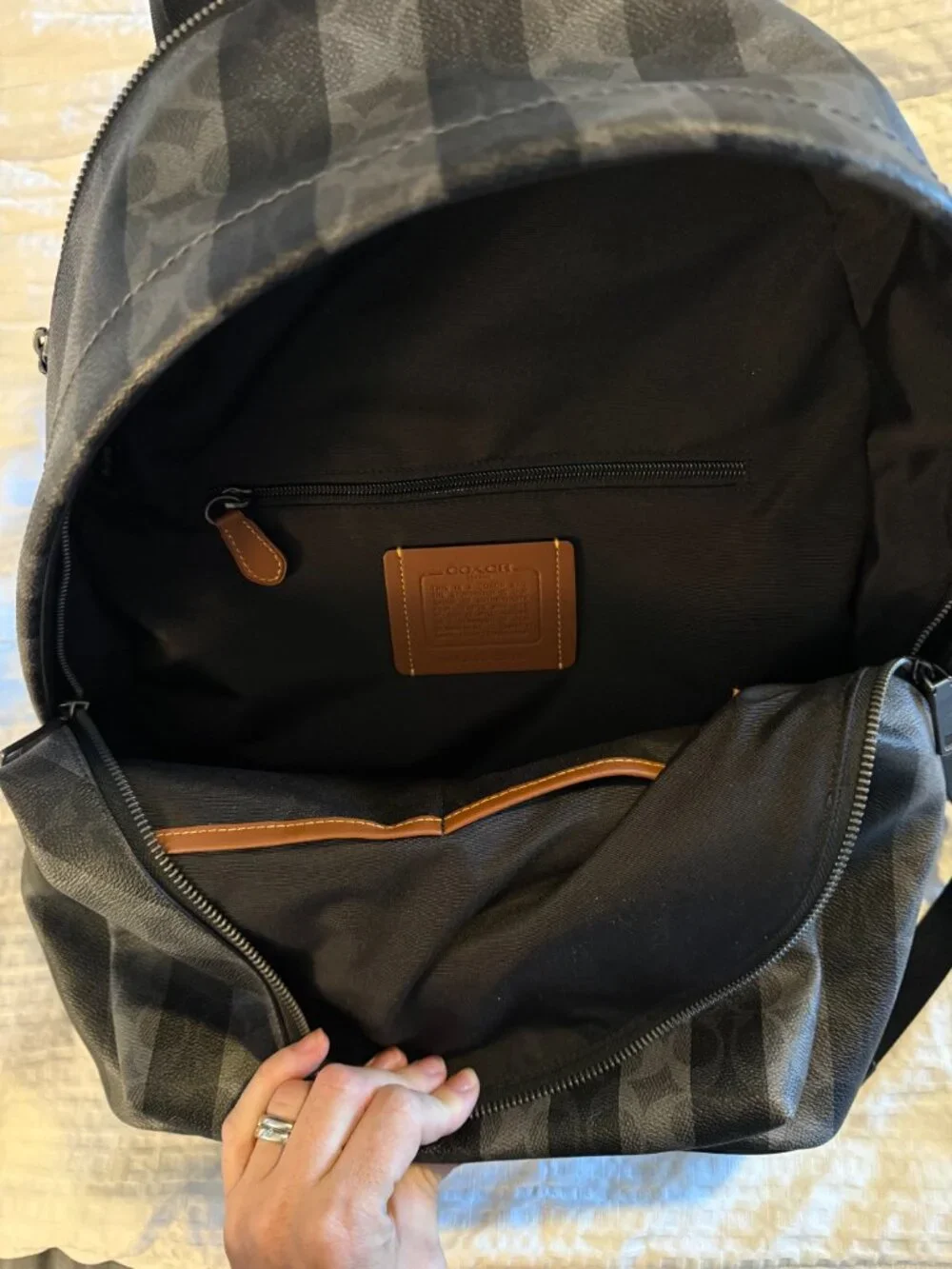 NEW Coach Taylor Backpack Signature Canvas Stripes Gunmetal Black Grey